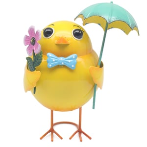 a yellow chicken wearing a bow tie and holding an umbrella
