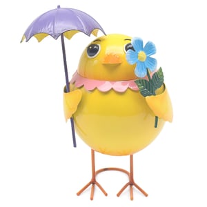 a yellow bird holding a purple umbrella and a flower on its head