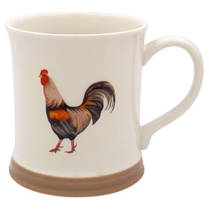 a white mug with a rooster on it