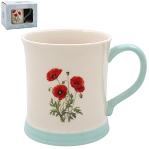 a white mug with red poppies on it