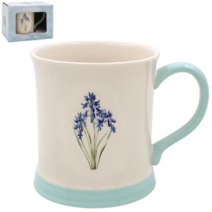 a white coffee mug with blue flowers on it