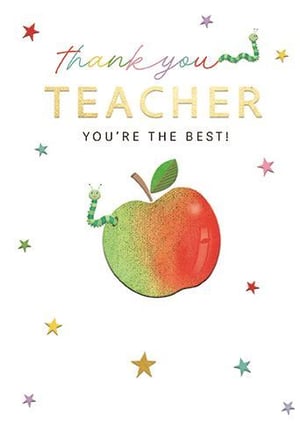 a thank you teacher card with an apple and a caterpillar on it .