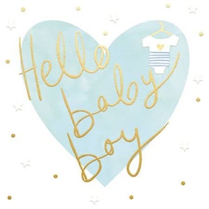 a blue heart with the words `` hello baby boy '' written on it .