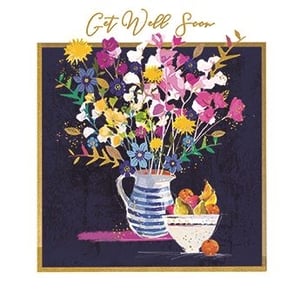 Send a burst of cheer with this delightful 'Get Well Female' card from Ling. Adorned with a vibrant, painterly illustration, it features a charming bouquet of colourful blooms in a striped jug, complemented by a bowl of fresh fruit. The rich, dark background and elegant gold border beautifully frame the uplifting 'Get Well Soon' message. This lovely card is perfect for conveying heartfelt wishes and is sure to brighten the spirits of any recipient. A thoughtful choice for your card selection, available in convenient packs of 6.