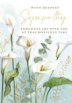 Help your customers express their deepest condolences with our exquisite 'Sympathy' card. This beautiful design features elegant white calla lilies and delicate green foliage, set against a serene, soft blue-green background. Gentle gold accents add a touch of warmth and reverence. The comforting message, 'WITH DEEPEST Sympathy, THOUGHTS ARE WITH YOU AT THIS DIFFICULT TIME,' offers heartfelt support. Each pack contains 6 cards, making them a thoughtful and essential addition to your greeting card selection. From Ling, known for quality and sensitive designs.