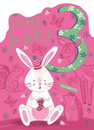 This delightful Age 3 Female birthday card from Ling is bursting with charm and colour! Perfect for celebrating a special little girl's third birthday, the design features an adorable white bunny wearing a party hat and holding a strawberry. Surrounded by sweet woodland friends – a friendly squirrel, a cute hedgehog waving a 'CELEBRATE' flag, and a gentle deer – the scene is set against a vibrant pink background. A prominent, flower-adorned green number '3' and matching 'Happy Birthday' text complete this whimsical illustration. Scattered butterflies, strawberries, and blossoms add extra touches of joy. This card offers a truly lovely way to send warm wishes. Available in a convenient pack of 6.