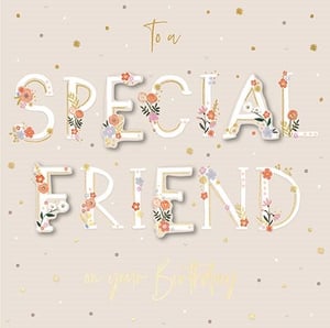 Celebrate cherished friendships with this beautiful "To a Special Friend on your Birthday" card from Ling. Perfect for retailers looking to offer a touch of elegance, this card features stunning embossed-style lettering for "SPECIAL FRIEND," each adorned with delicate, colourful floral illustrations.
The soft, neutral background is enhanced with subtle gold speckles and elegant script, creating a truly lovely design. It's the ideal way for customers to send warm birthday wishes to a dear friend. This "Friend Female" card is supplied by Ling and comes in a convenient pack size of 1x6.