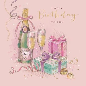 Make her birthday sparkle with this beautiful card, perfect for celebrating a special woman. Adorned with a charming watercolour illustration, it features a celebratory bottle of bubbly and two elegant flutes, ready for a toast. Delightful gifts, festive ribbons, and shimmering confetti complete the scene, all set against a soft pink backdrop. The golden 'Happy Birthday' message adds a touch of luxury. It's the ideal way to send warm wishes and make her day truly memorable.