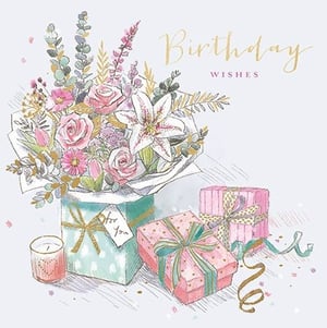Celebrate her special day with this exquisite 'Birthday Wishes' card. Featuring a stunning watercolour illustration, it showcases a beautiful bouquet of pink roses, elegant lilies, and lush foliage, nestled in a charming teal gift box with a heartfelt 'For You' tag.
Alongside, a flickering candle and beautifully wrapped pink presents add to the festive scene, all brought to life with scattered golden confetti. This delightful design captures the joy and thoughtfulness of a truly memorable celebration, making it the perfect way to send warm birthday greetings to someone special.