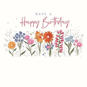 Brighten any birthday with this delightful 'Open Birthday Female' card. Featuring a charming 'HAVE A Happy Birthday' message in elegant script, this design is adorned with a vibrant array of hand-painted wildflowers. Cheerful blues, pretty pinks, and sunny oranges create a beautiful garden scene, perfect for celebrating any special woman. The whimsical details and fresh, natural feel make this a truly lovely card. Stock up on this versatile design, ideal for customers seeking a thoughtful and visually appealing birthday greeting. Available in a convenient pack of 6, it's a must-have for your card selection.