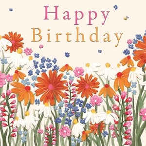 Brighten someone's special day with this delightful 'Open Birthday Female' card from Ling. Featuring a vibrant meadow of beautifully textured flowers in shades of orange, pink, white, and blue, this card exudes cheerfulness and natural charm. The classic 'Happy Birthday' message is elegantly presented, making it perfect for celebrating any female recipient. With its artistic floral design and a touch of whimsy from tiny flying bees, this card is sure to bring a smile. Available in a convenient pack of 6, it's an ideal choice for your retail offering.