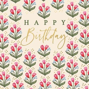 Celebrate her special day with this delightful 'Open Birthday Female' card from Ling. Adorned with a charming pattern of vibrant pink and soft blue flowers, set against a warm cream background, this card radiates elegance and joy. The beautiful golden script of 'Birthday' gracefully complements the classic 'HAPPY' text, creating a truly lovely design for any woman. Intricate floral details and subtle golden speckles add a touch of sophistication. Perfect for conveying heartfelt wishes, this card is sure to brighten her day. Available in a convenient pack of 6, it's an essential addition to your greeting card collection.