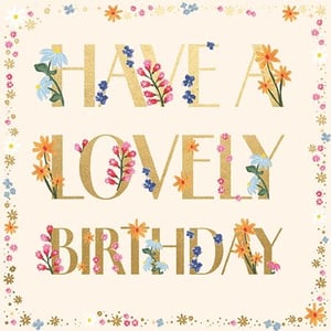 Make every birthday extra special with our beautiful 'Open Birthday Female' card, brought to you by Ling. This exquisite design features the heartfelt message "HAVE A LOVELY BIRTHDAY" in stunning gold lettering, adorned with an array of vibrant, hand-drawn flowers. Delicate pink, blue, and orange blooms intertwine gracefully with the text, creating a truly eye-catching effect against the soft cream background. A charming floral border completes this elegant card, making it perfect for celebrating any wonderful woman. Available in a convenient pack of six, it's an essential addition to your greeting card selection.