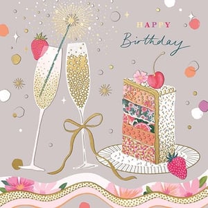 Raise a toast to a special birthday with this exquisite card from Ling! This beautifully illustrated design captures the joy of celebration, featuring two elegant champagne flutes – one adorned with a fresh strawberry and a dazzling sparkler – alongside a tempting slice of layered birthday cake, complete with a cherry and delicate flower. The sophisticated grey background is brought to life with shimmering gold confetti, stars, and vibrant pops of colour. With 'HAPPY Birthday' gracefully scripted, this card is the perfect way to send warm wishes to any woman on her special day. Its charming details and festive spirit make it a truly memorable choice. Available in a convenient pack of 6.