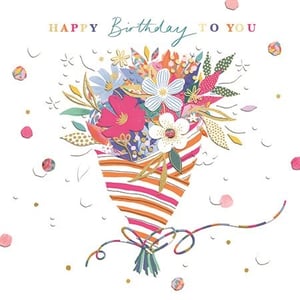 Make her birthday extra special with this delightful card! Adorned with a vibrant and artistic bouquet, this design is sure to bring a smile. The colourful flowers, each featuring unique patterns and textures, are beautifully arranged and wrapped in cheerful stripes. A whimsical ribbon and scattered confetti complete the festive look, all wishing a joyful "Happy Birthday To You". This charming card is a wonderful choice for celebrating any special woman, offering a heartfelt way to send your warmest wishes on her big day.
