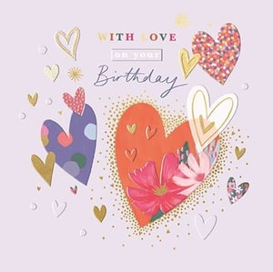 Celebrate her special day with this delightful 'With Love on Your Birthday' card from Ling. This charming design features an array of beautifully illustrated hearts in various sizes, colours, and textures, all set against a soft lavender background. From shimmering gold accents and playful polka dots to elegant floral patterns and sparkling glitter, each heart adds a unique touch of warmth and affection. The heartfelt message is perfect for any female recipient, making it a versatile and attractive addition to your greeting card selection. Supplied in a convenient pack of 6, these cards are ready to bring joy to your customers.