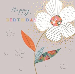 Celebrate her special day with this delightful Open Birthday Female card from Ling. This charming design features a contemporary, collage-style flower with beautifully textured white petals and a vibrant, patterned centre. The "Happy Birthday" message stands out with elegant script and colourful block lettering, all set against a soft background adorned with playful confetti and subtle embossed floral details. Artistic leaves in complementary patterns complete this cheerful card. Perfect for any female recipient, this eye-catching design is sure to bring a smile. Available in a convenient 1x6 pack, it's an ideal addition to your greeting card selection.