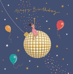 Celebrate in style with this dazzling 'Open Birthday Female' card from Ling! This vibrant design features a joyful woman perched atop a shimmering golden disco ball, raising a toast to the special day. Against a deep blue backdrop, a cascade of colourful confetti and twinkling stars creates a truly festive atmosphere. Playful balloons in shades of orange, red, and teal add an extra touch of fun, while the elegant 'Happy Birthday' script in gold completes this eye-catching card. Perfect for sending warm wishes to any female recipient, this card is sure to bring a smile. Available in a convenient pack of 6, it's an ideal choice for your retail offering.