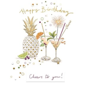 Celebrate her special day in style with this delightful 'Open Birthday Female' card from Ling. Featuring a vibrant and sophisticated design, this card is perfect for sending warm wishes to any woman.
The eye-catching illustration showcases a chic white and gold pineapple alongside two sparkling cocktails, complete with zesty lime, juicy berries, and a celebratory sparkler. Scattered golden confetti adds a touch of glamour, all framed by the elegant 'Happy Birthday' and 'Cheers to you!' script.
This charming card captures the essence of a joyful celebration, making it an ideal choice for retailers looking to offer a premium birthday option. Available in a convenient pack of 6, it's ready to bring a smile to many faces.
