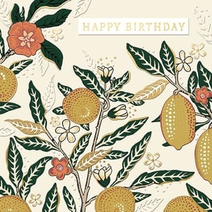 Brighten her special day with this exquisite 'Open Birthday Female' card from Ling. Featuring a beautifully illustrated botanical design, this card showcases lush green foliage, vibrant citrus fruits, and delicate blossoms in warm orange and creamy white tones. The rich, earthy colour palette and intricate detailing give it a timeless, elegant appeal, perfect for celebrating any female recipient. With 'HAPPY BIRTHDAY' subtly embossed on the front, it offers a sophisticated touch. Each pack contains 6 of these delightful cards, ensuring you're well-stocked for your customers. A truly charming choice for a memorable birthday greeting.