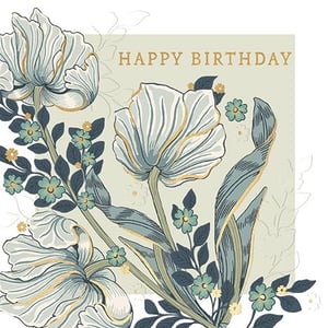 Offer your customers a touch of elegance with our 'Open Birthday Female' card. This beautifully designed card features a sophisticated floral illustration, combining soft blues, greens, and delicate gold accents for a truly refined look. The 'Happy Birthday' message is presented in a classic gold font, adding to its charm. Perfect for celebrating any woman's special day, this versatile card is sure to be a popular choice. Available in wholesale packs of 6, it's an ideal addition to your greeting card selection.