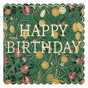 Celebrate special birthdays with this exquisite "Open Birthday Female" card from Ling. Featuring a stunning, intricate botanical design reminiscent of classic William Morris patterns, this card is a true work of art. Rich green foliage is adorned with golden citrus fruits and vibrant pink pomegranates, all beautifully highlighted with delicate gold accents. The elegant "HAPPY BIRTHDAY" message takes centre stage, making it perfect for any female recipient. Each card boasts a charming scalloped edge, adding to its luxurious feel. Available in a convenient pack of 6, these cards are sure to impress your customers.