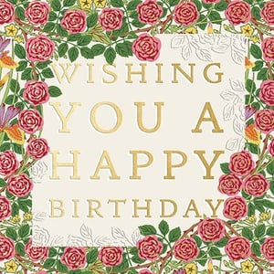 Send warm birthday wishes with this charming 'Open Birthday Female' card, brought to you by Ling. The card features a delightful floral design, showcasing beautiful pink roses and rich green foliage that gracefully frame the heartfelt message. 'WISHING YOU A HAPPY BIRTHDAY' is elegantly embossed in gleaming gold lettering against a gentle cream background, adding a touch of sophistication. This classic design is ideal for celebrating any special woman. Available in a convenient pack of 6, these cards are sure to be a popular choice for your customers, offering a truly lovely way to mark a birthday.