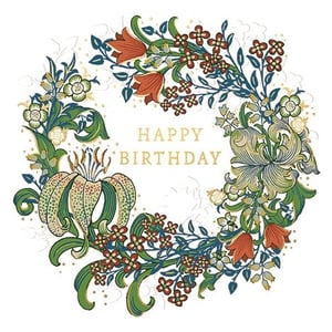 Delight your customers with this stunning 'Open Birthday Female' card from Ling. Adorned with a captivating floral wreath in a timeless Art Nouveau style, this card features elegant lilies, vibrant red blooms, and lush green foliage, all accented with subtle gold details. The classic 'Happy Birthday' message in a sophisticated golden font makes it a truly special choice for any woman. Supplied in a convenient pack of six, these cards are perfect for adding a touch of artistic elegance to your greeting card selection.