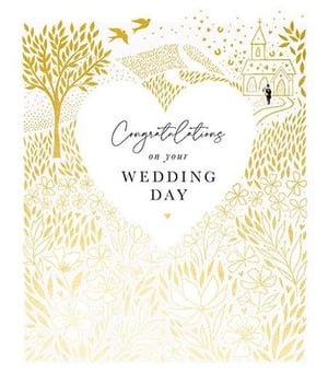 congratulations on your wedding day card with a bride and groom walking towards a church .