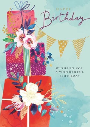a birthday card with a stack of gifts and flowers on it .