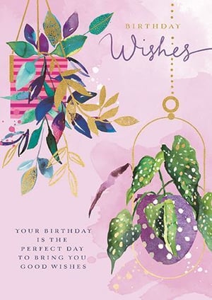 a birthday card with a potted plant and leaves on it .