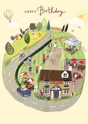 a happy birthday card with a cartoon illustration of a pub surrounded by people .