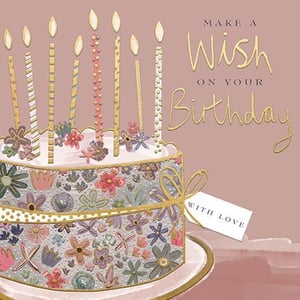 a birthday card with a cake and candles on it .
