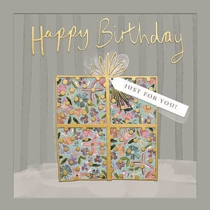 a birthday card with a gift box and a tag that says `` just for you '' .