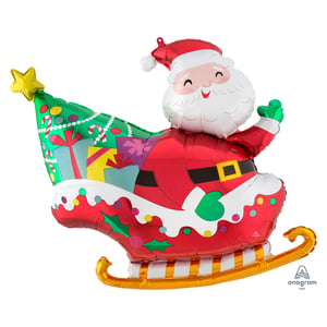 a santa claus balloon with a christmas tree and presents on it