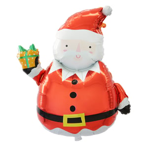 a balloon in the shape of santa claus holding a gift