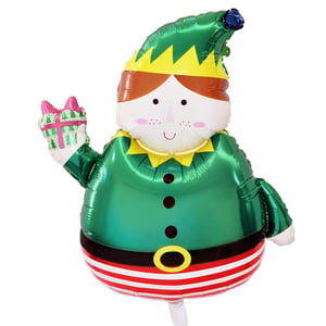 a balloon in the shape of an elf holding a gift box