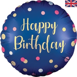 Make any birthday celebration shine with our gorgeous 18" Polka Navy Pink Birthday foil balloon! This stunning round balloon features a rich navy blue background, beautifully adorned with an array of cheerful polka dots in vibrant pink, shimmering gold, and classic white. The elegant gold script spells out "Happy Birthday," adding a touch of sophistication to the festive design.

Perfect for adding a pop of colour and joy to any party, this eye-catching 18-inch balloon is sure to delight. It's an ideal choice for creating memorable displays or as a standalone gift. Get ready to celebrate in style!