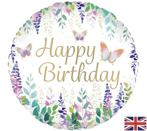 Brighten any birthday celebration with our exquisite 18" Happy Birthday Watercolour Floral balloon! Crafted by Oaktree UK Ltd, this stunning foil balloon features a delicate watercolour design of lush lavender, soft greens, and gentle pinks, creating a truly enchanting border. Golden 'Happy Birthday' script takes centre stage, beautifully complemented by graceful butterflies fluttering across the design.

Perfect for adding a touch of elegance and charm to any party, this 18-inch balloon is supplied individually, making it easy to order exactly what you need. Its serene and sophisticated aesthetic makes it a versatile choice for all ages. Offer your customers a truly memorable birthday decoration with this beautiful, high-quality balloon.