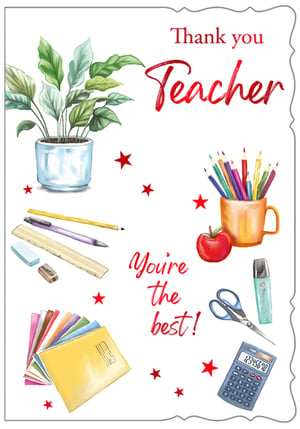 Express gratitude with our Thank You Teacher card, suitable for end-of-term or special occasions. This charming design showcases a collection of school-themed illustrations, including a green potted plant, a mug full of colourful pencils, a red apple, and various stationery items like a ruler, scissors, and calculator. The message "Thank you Teacher, You're the best!" is clearly scripted, offering a thoughtful way to express appreciation. Designed by Out of The Blue Studios Ltd., these cards are supplied in a practical pack size of 1x6, making them a popular choice for your customers.