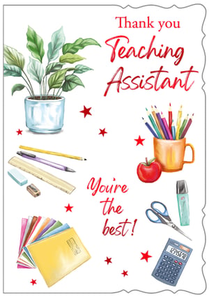 Show your gratitude with our delightful 'Thank You Teaching Assistant' card. This charming design features a vibrant potted plant, a mug brimming with colourful pencils, and essential school supplies like a ruler, calculator, and scissors. Adorned with cheerful red stars, the card beautifully conveys "Thank you Teaching Assistant" and "You're the best!". It's a wonderful way for students and parents to express their appreciation for all the hard work and dedication. From Out of The Blue Studios Ltd, these high-quality cards are a thoughtful gesture for end-of-term or any special occasion. Available in a convenient pack of 6, they're ready to bring smiles.