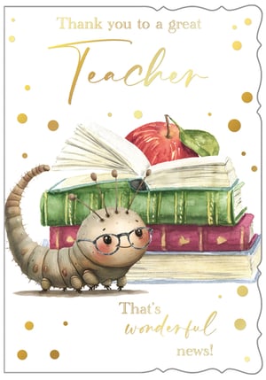 Express heartfelt gratitude with our charming 'Thank You Teacher' card, from Out of The Blue Studios Ltd. This delightful design captures the essence of appreciation with an adorable, bespectacled bookworm peeking over a stack of classic books, complete with a fresh red apple. The card features elegant gold foil lettering that beautifully highlights "Thank you to a great Teacher" and "That's wonderful news!", adding a touch of premium sparkle. Scattered gold polka dots enhance the warm and inviting illustration. Perfect for end-of-term gifts or any occasion to celebrate an inspiring educator. Available in a convenient pack size of 1x6, these cards are ready to bring joy.