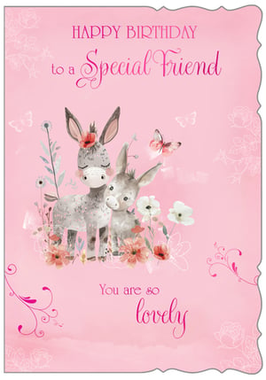 Celebrate special friendships with this utterly charming 'Friend Female' birthday card from Out of The Blue Studios Ltd. Featuring an adorable pair of watercolour donkeys nestled amongst delicate flowers and butterflies, this card exudes warmth and sweetness. The soft pink hues and heartfelt message, 'HAPPY BIRTHDAY to a Special Friend' and 'You are so lovely', make it a wonderful way to show appreciation. With its beautiful design and gentle sentiment, it's sure to bring a smile to any friend's face. Available in a convenient pack of 6, this card is a delightful addition to your greeting card collection.