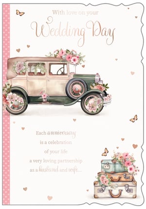 a wedding day card with a car decorated with flowers