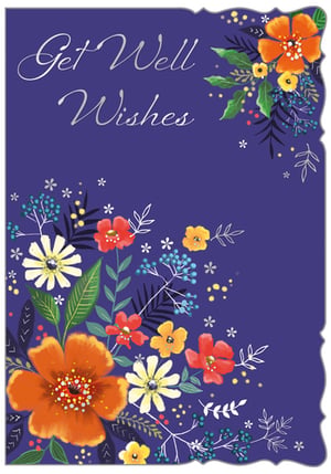 a get well wishes card with flowers on a blue background