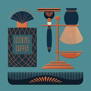 Celebrate in style with our Open Birthday Male card from Paper Rose, available in a convenient pack of 6. This sophisticated card features a striking Art Deco-inspired design, perfect for the dapper gentleman in your life. Illustrated with classic male grooming essentials – a stylish aftershave bottle, a traditional shaving set, and a sleek comb – all rendered in a rich palette of teal, dark blue, and copper accents. The elegant 'LOOKING DAPPER' message, alongside 'HAPPY BIRTHDAY', makes this card a truly distinctive choice. Offer your customers a touch of timeless class for their special occasions. A superb addition to any greeting card display.