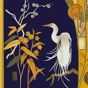 a white bird is sitting on a branch in a painting .