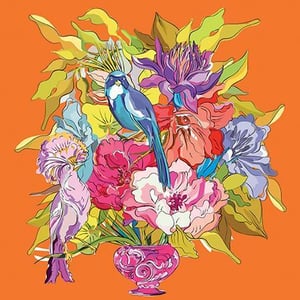a painting of a vase filled with flowers and birds .