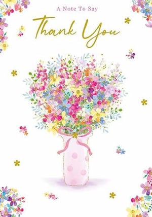 a thank you card with a vase filled with flowers .