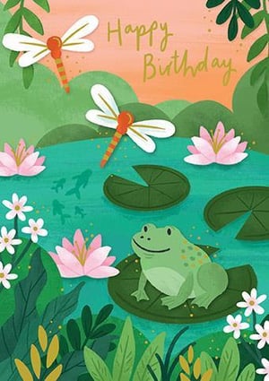 a frog is sitting on a lily pad in a pond with dragonflies .